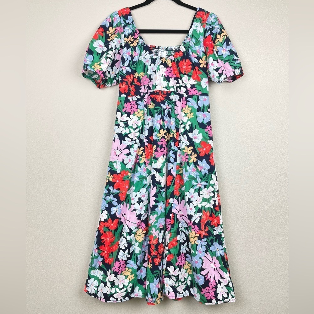 Old Navy Women's Medium Petite Puff Sleeve Midi Swing Dress Floral Multi Bright - Picture 2 of 16